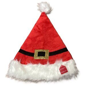 Santa Hat Soft Red Fuzzy with White Faux Fur and Pom Pom One Size Unisex